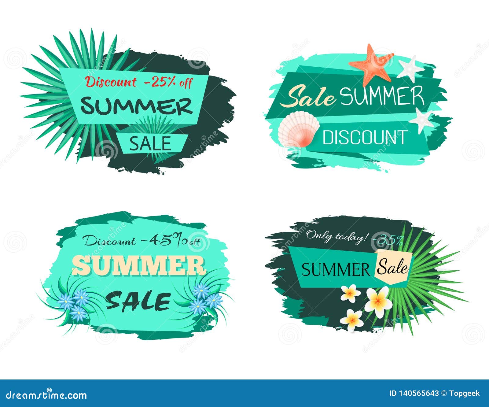 Summertime green labels with foliage, palm trees and flowers. Sale tags with starfish and seashell, 45, 25, 35 percent discount vector illustration stickers