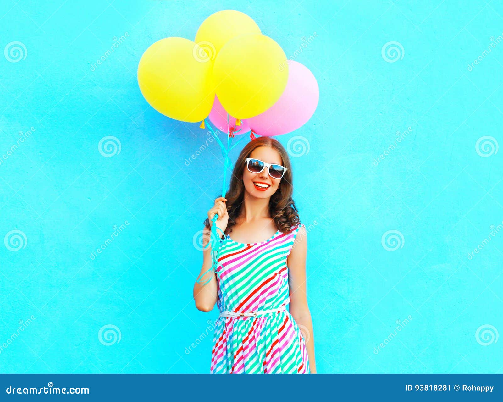 Summertime! Happy Smiling Woman Holds in Hand an Air Colorful Balloons ...