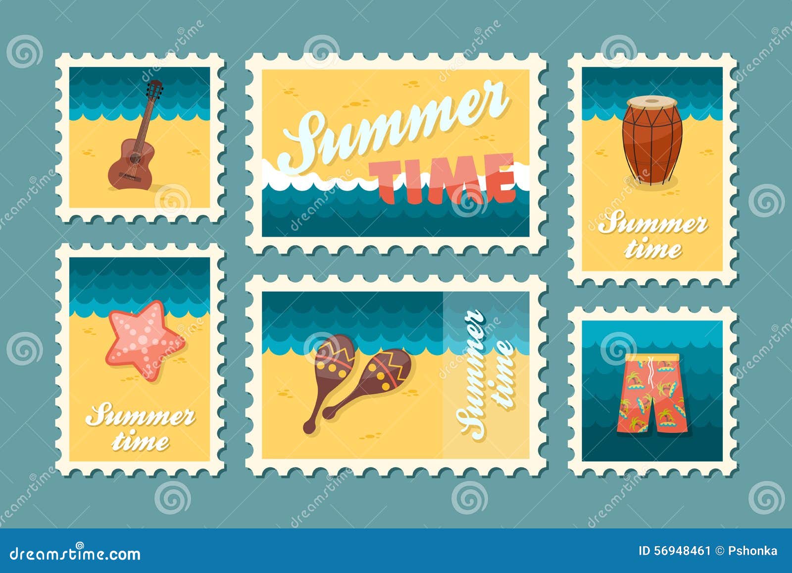 Summertime stamp set flat stock vector. Illustration of beach - 56948461