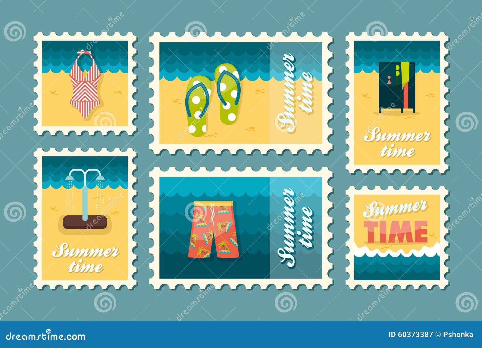 Summertime stamp set flat stock vector. Illustration of travel 60373387