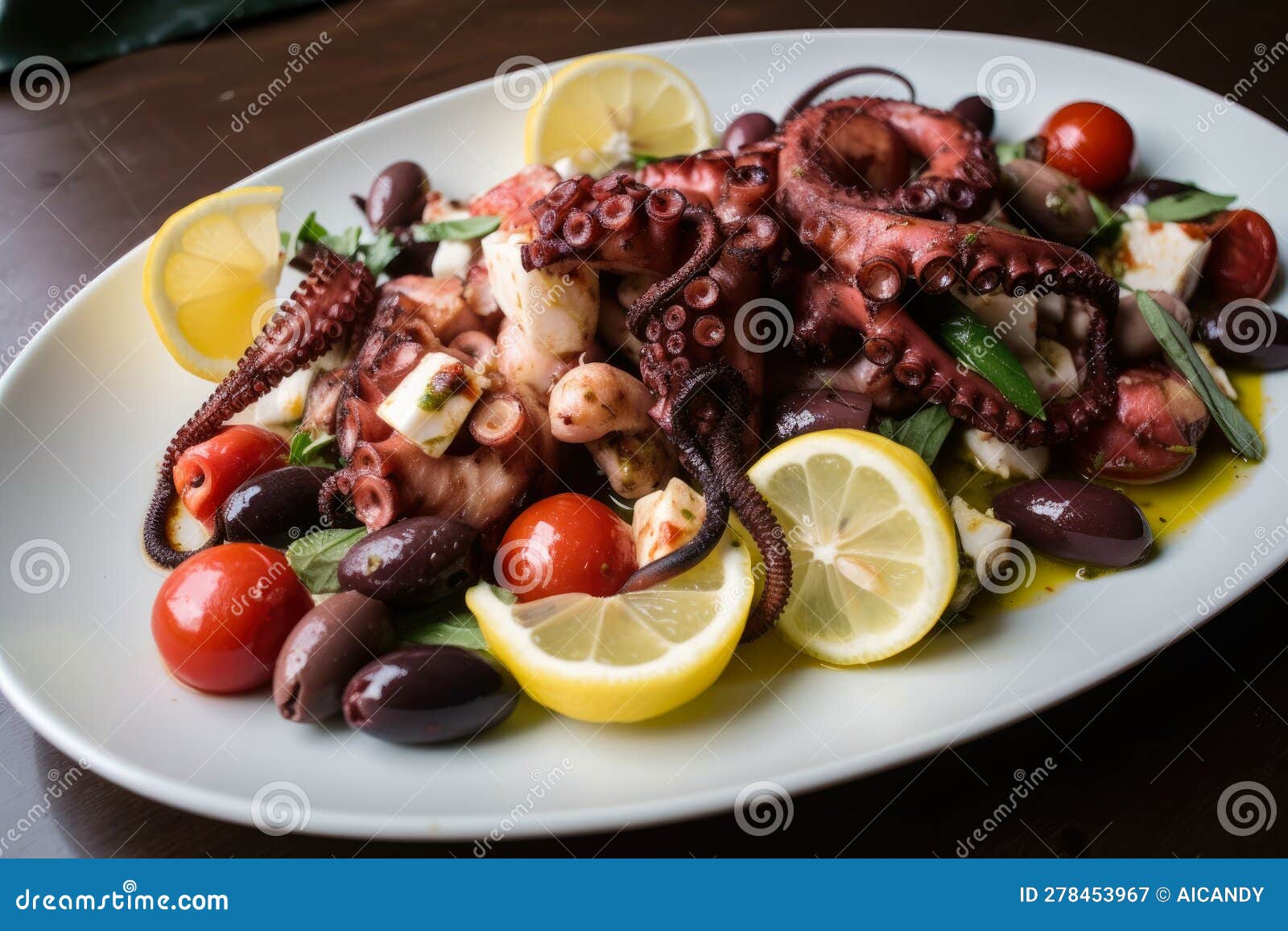 sumptuous grilled octopus tentacles tossed with creamy feta cheese, diced tomatoes, and briny olives in a light lemon vinaigrette
