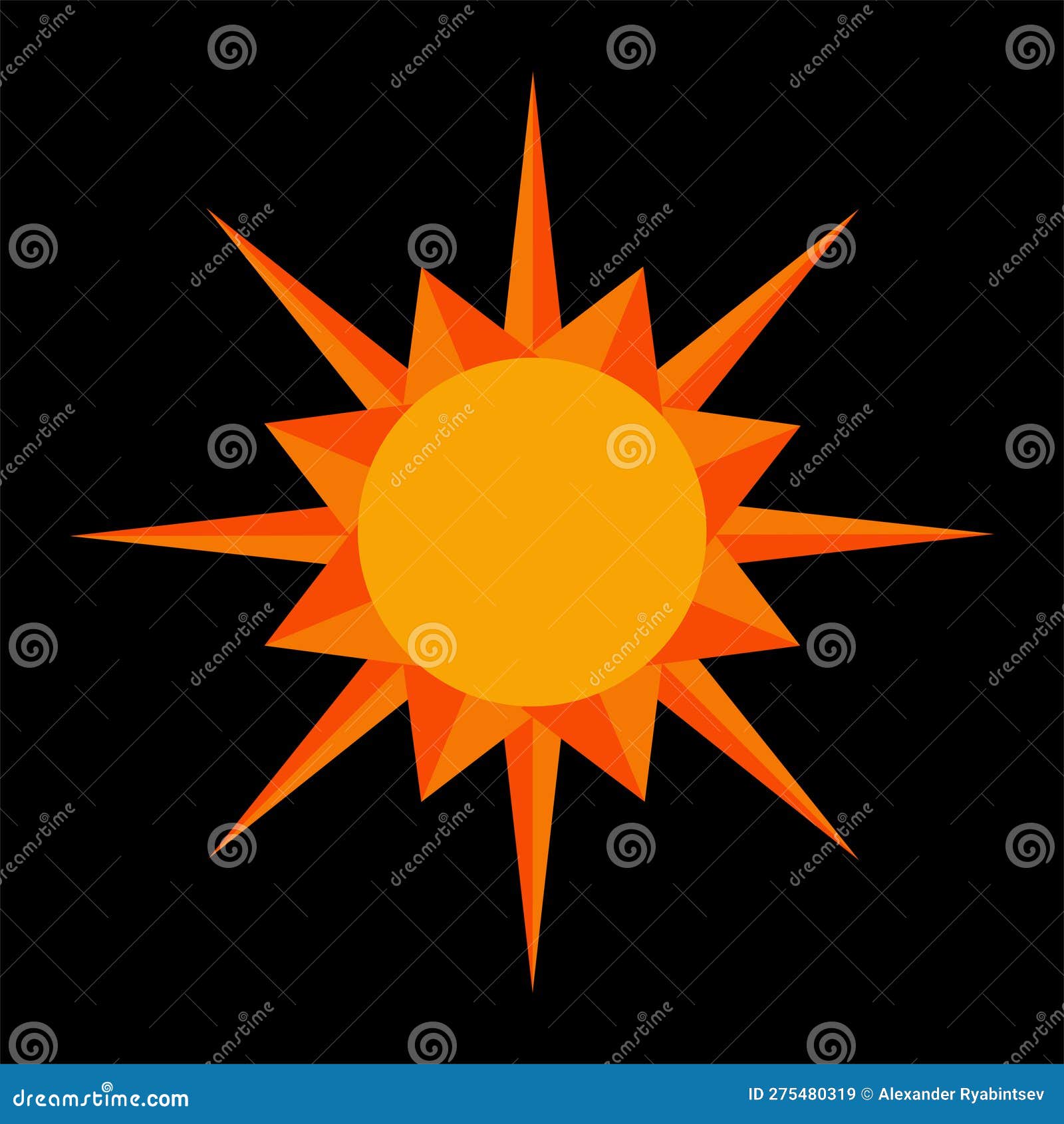 Sun Flat Vector Icon. Bright Yellow Orange Sun on Black Background