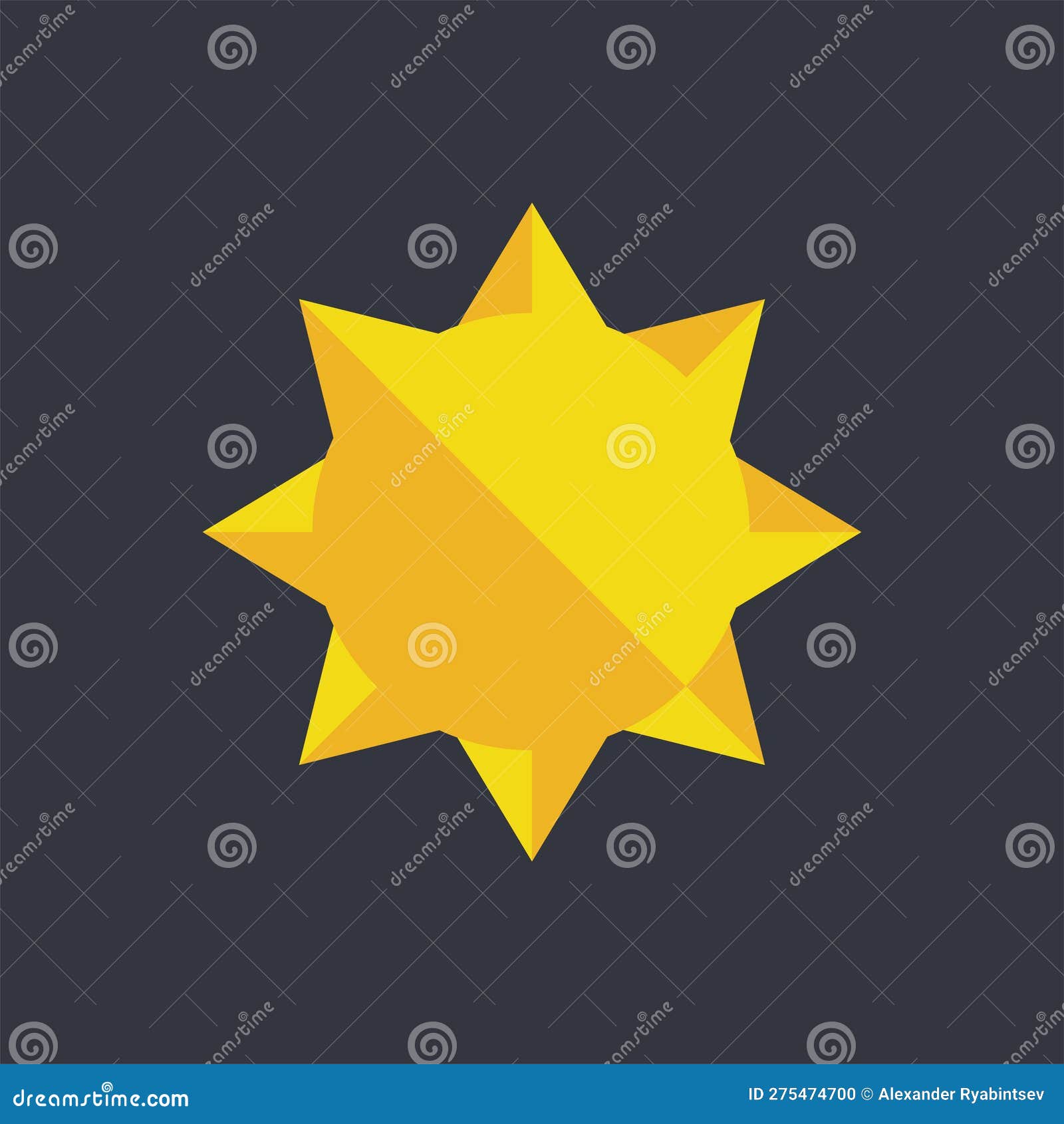Sun Flat Vector Icon. Bright Yellow Sun on Black Background. Stock