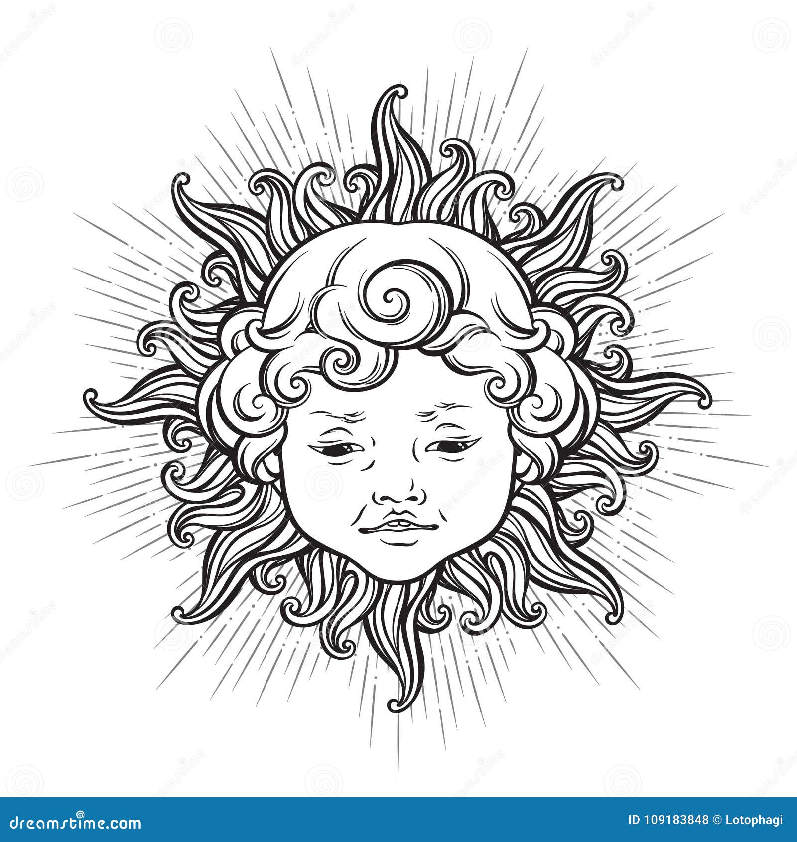 Sun Avec Le Visage Du Bebe Garcon De Sourire Boucle Mignon D Isolement Conception Tiree Par La Main De Tatouage D Autocollant De Illustration De Vecteur Illustration Du Visage Antiquite