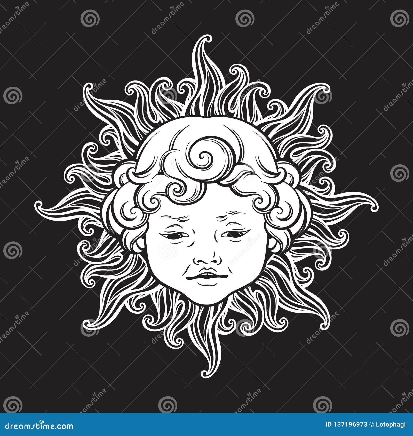 Sun Avec Le Visage Du Bebe Garcon De Sourire Boucle Mignon D Isolement Conception Tiree Par La Main De Tatouage D Autocollant De Illustration De Vecteur Illustration Du Ange Grave