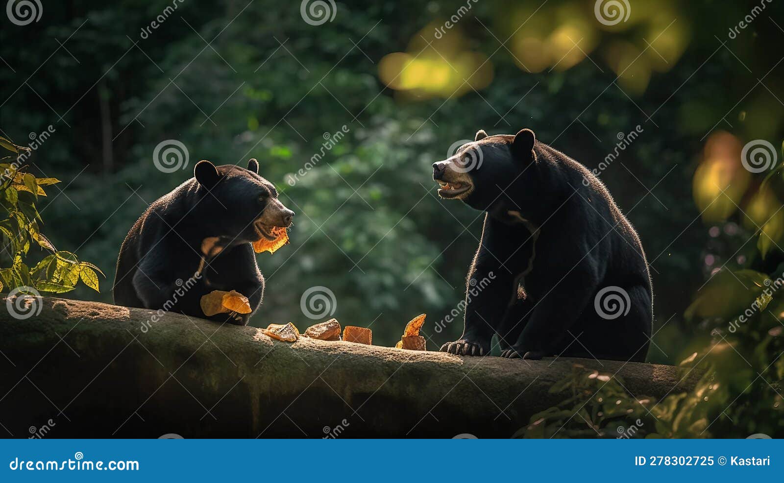 two sun bears are playing together in the forest