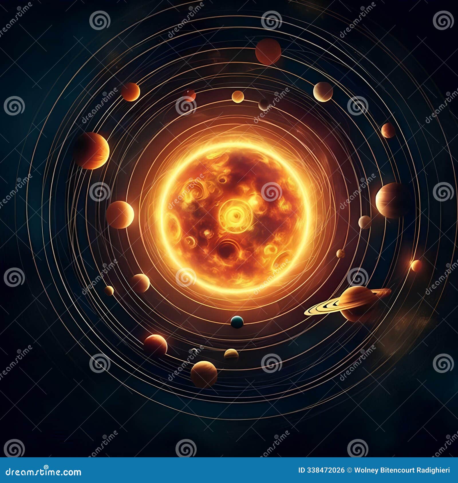 the sun being orbited by celestial bodies