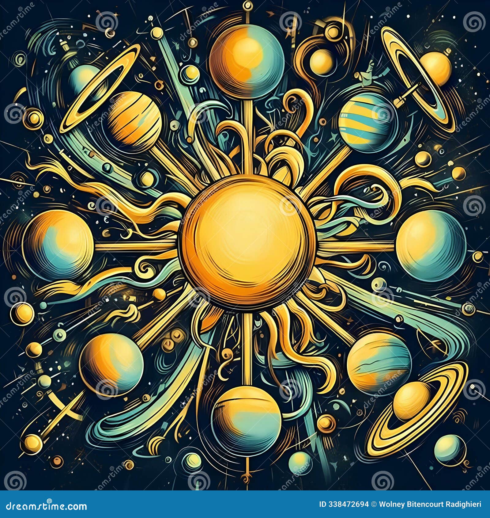 the sun being orbited by celestial bodies