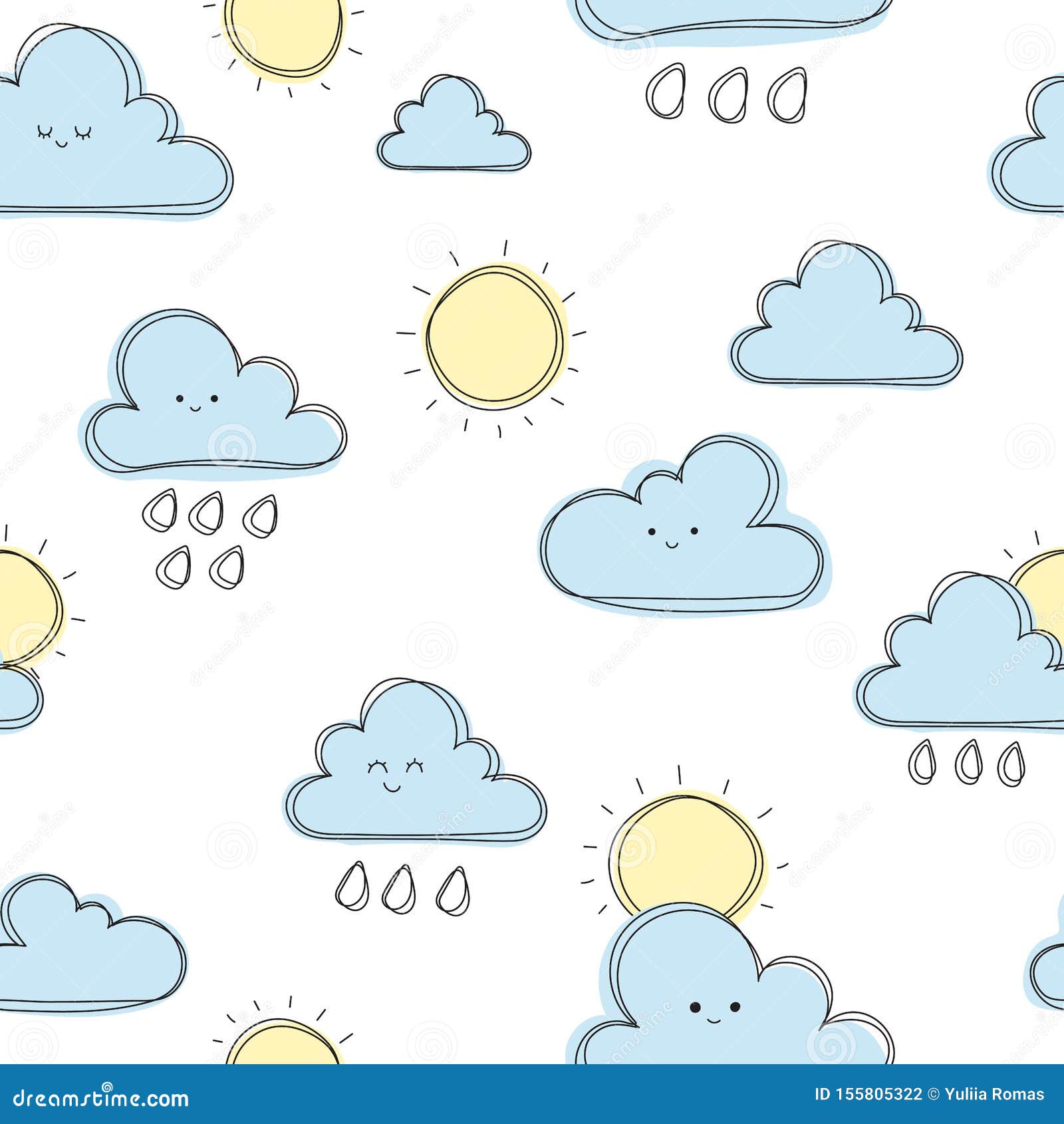 Sun With Clouds Cute Seamless Pattern Cartoon Illustration