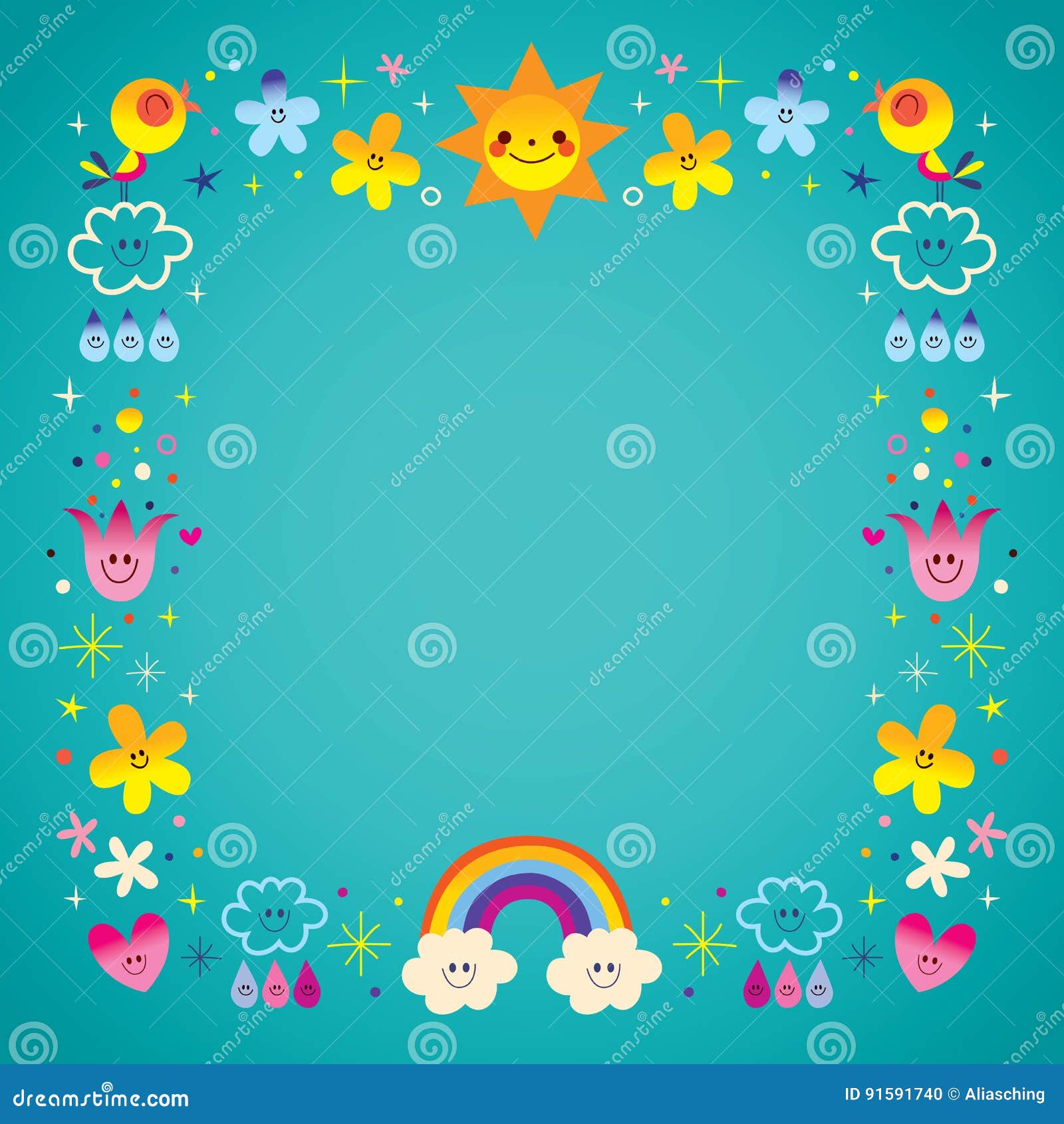 Sun Clouds Rainbow Singing Birds Raindrops Flowers Nature Border Stock ...