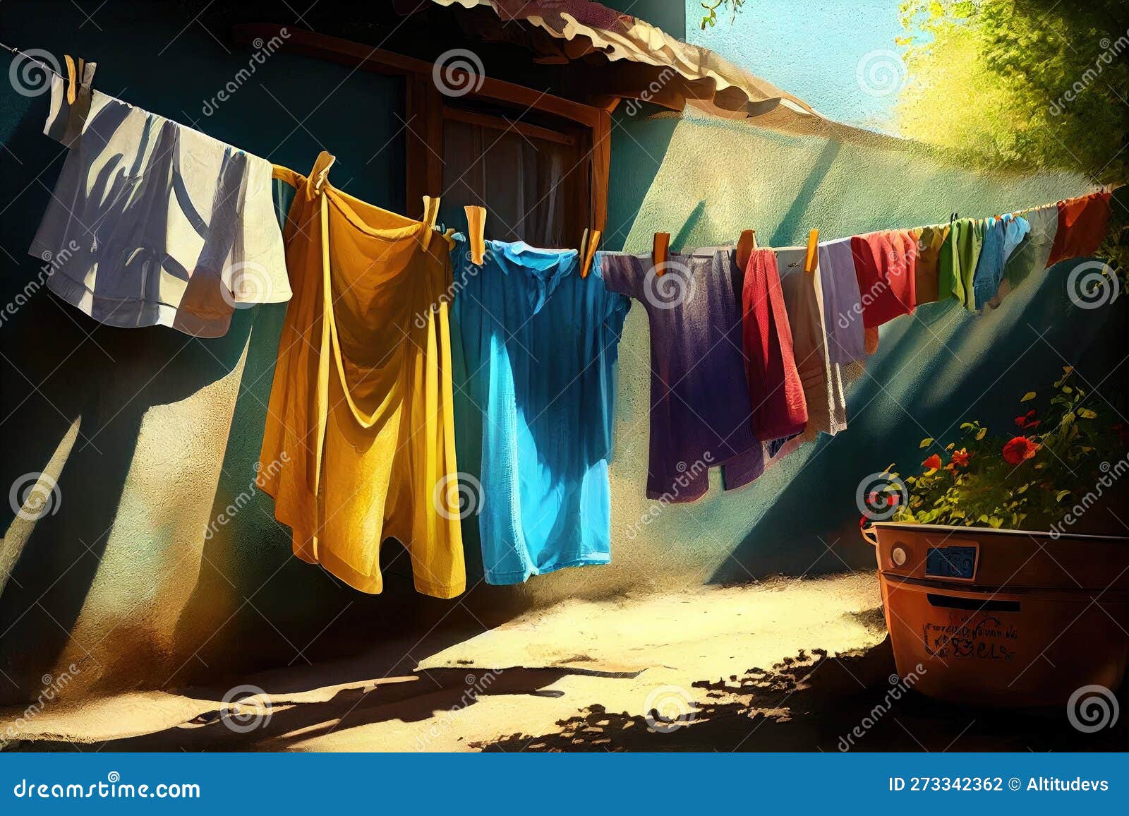 Sundrenched Clothesline with Colorful Laundry Hanging Stock