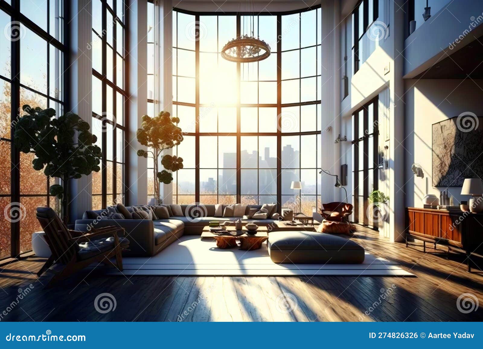 a sun-filled living room with floor-to-ceiling windows and a stunning view. generative ai