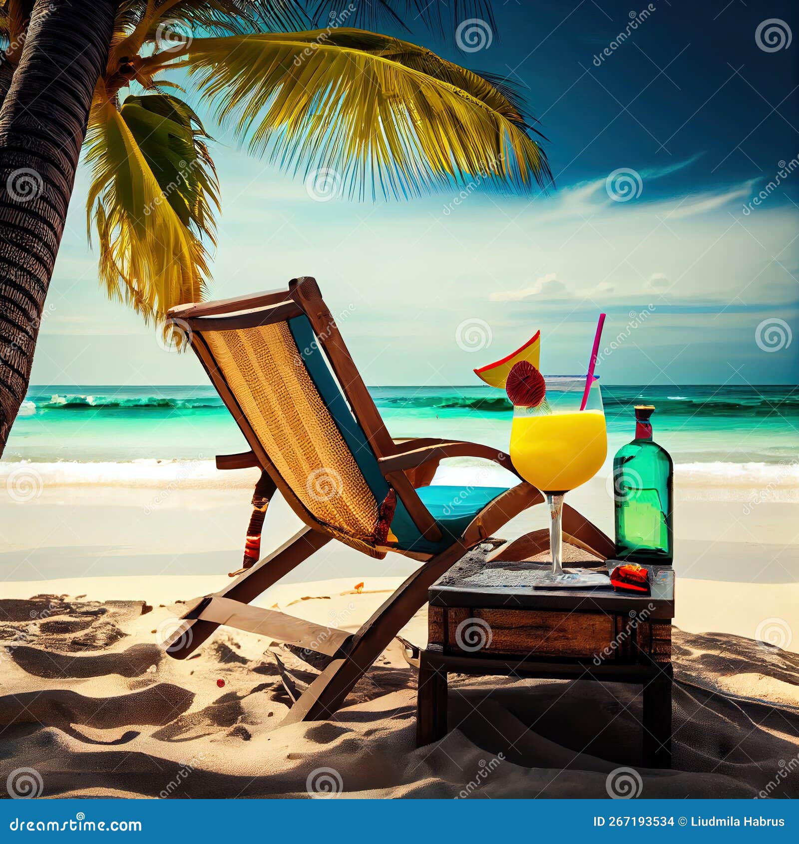 Sun Lounger on the Beach Under a Palm Tree 3d Illustration. Generative ...