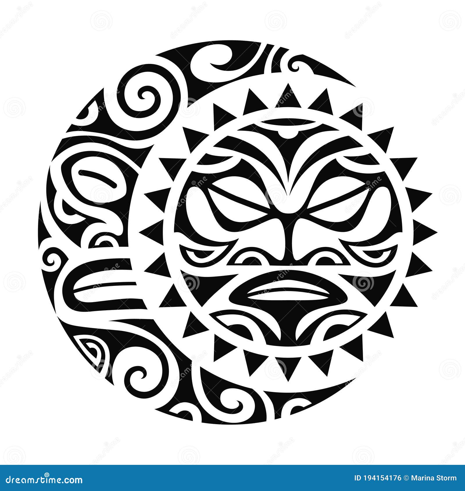 Sun and Moon Maori Style Sketch. Stock Illustration - of face, tribal: 194154176