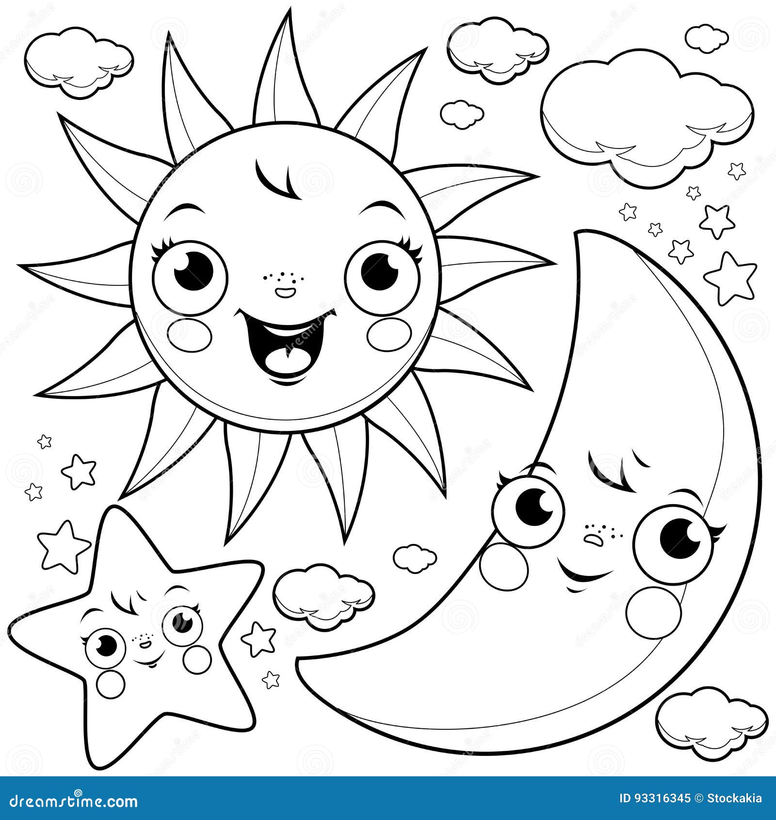 Sun moon and stars coloring page