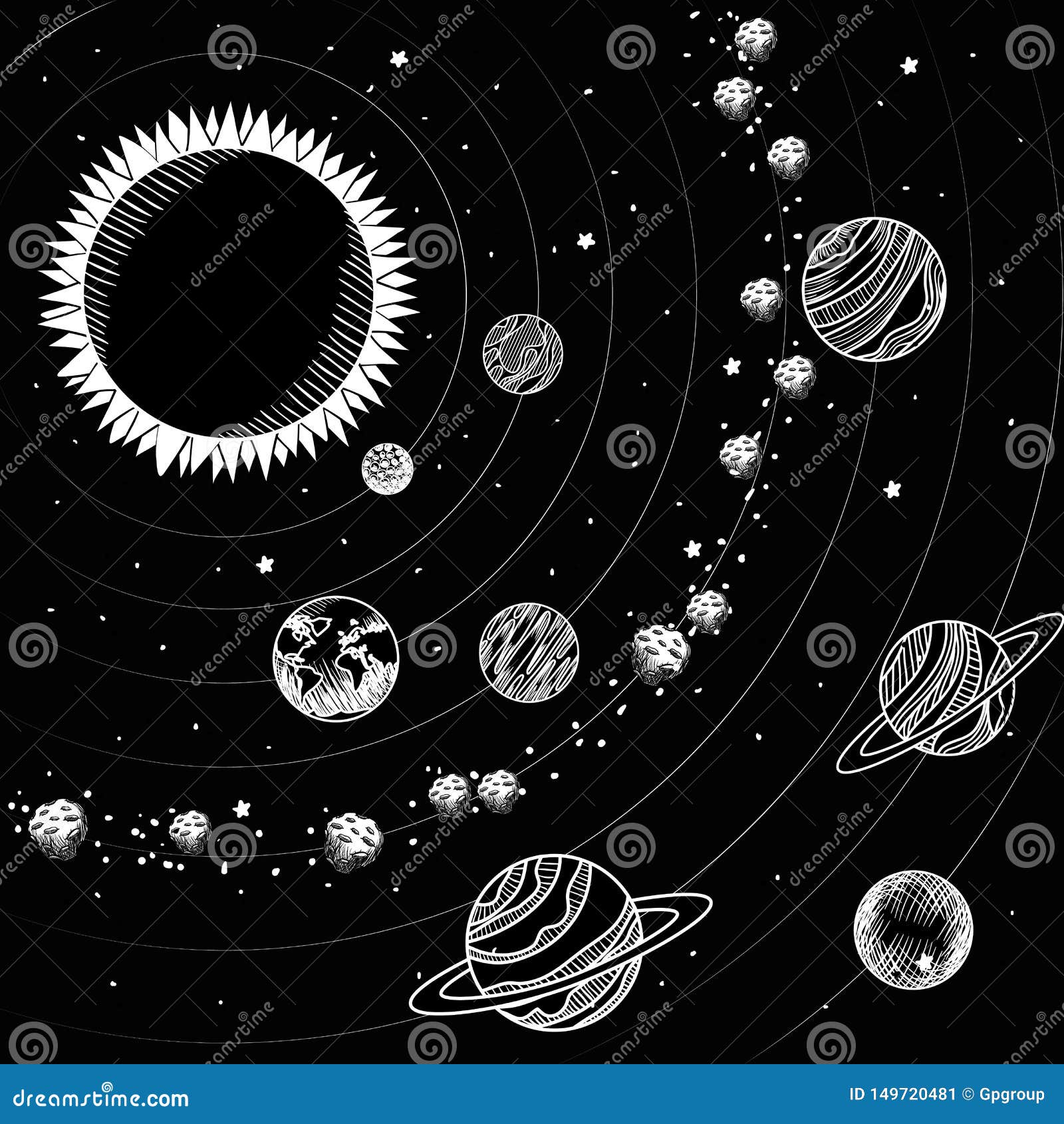 Sun and Draws of Solar System Design Stock Vector