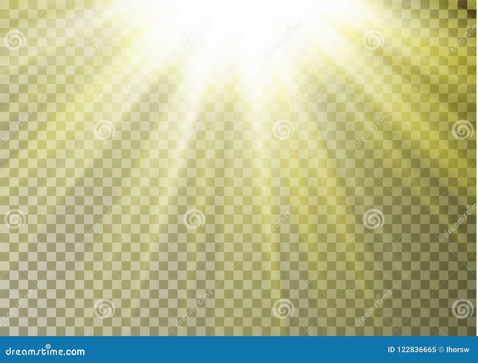 sun ray light on top  on checkered background. transparent glow yellow sunlight effect. real