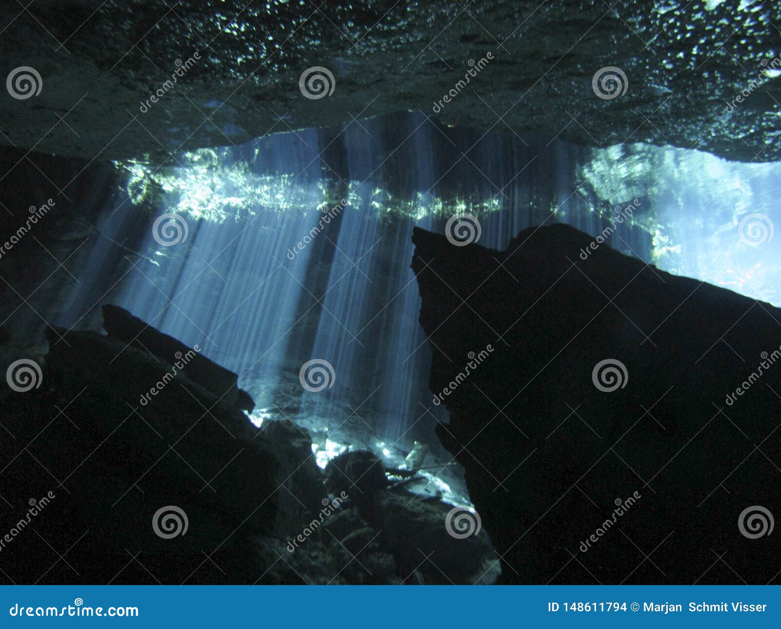 sun rays entering the water in an underwater cave.