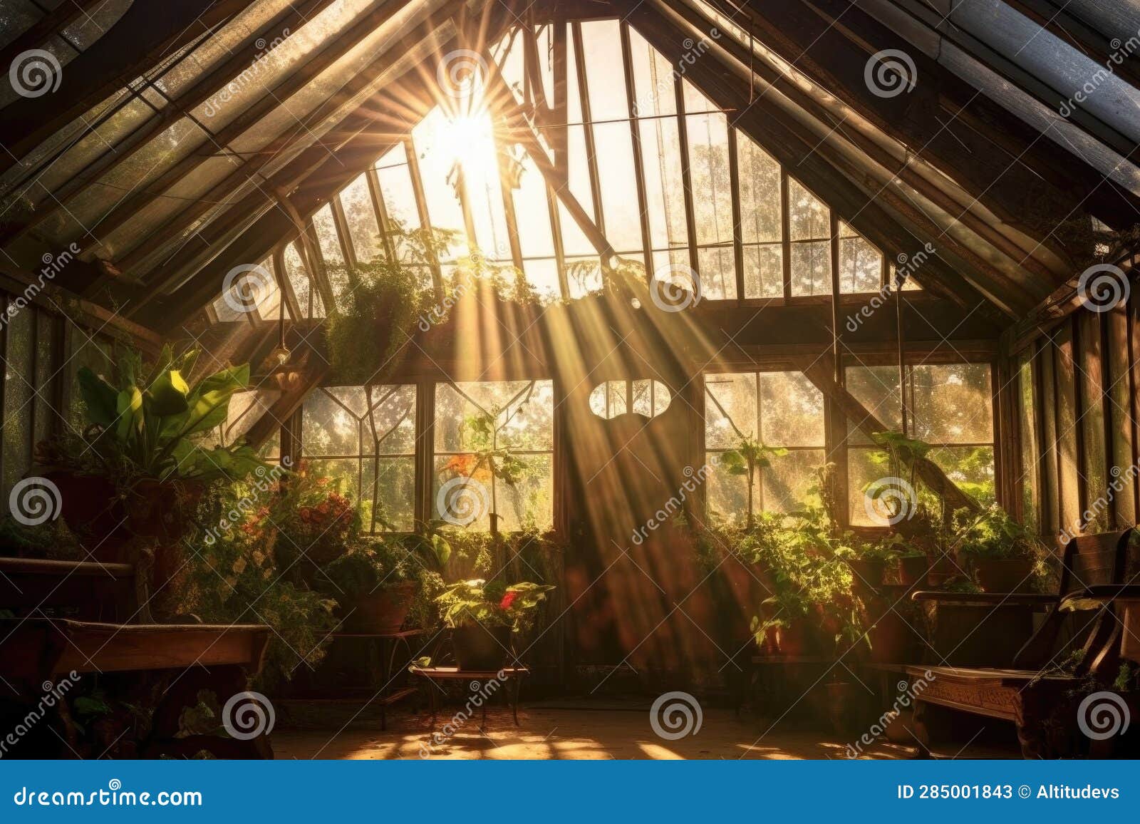 Sun Rays Shining through Glass Roof of a Victorian Greenhouse Stock