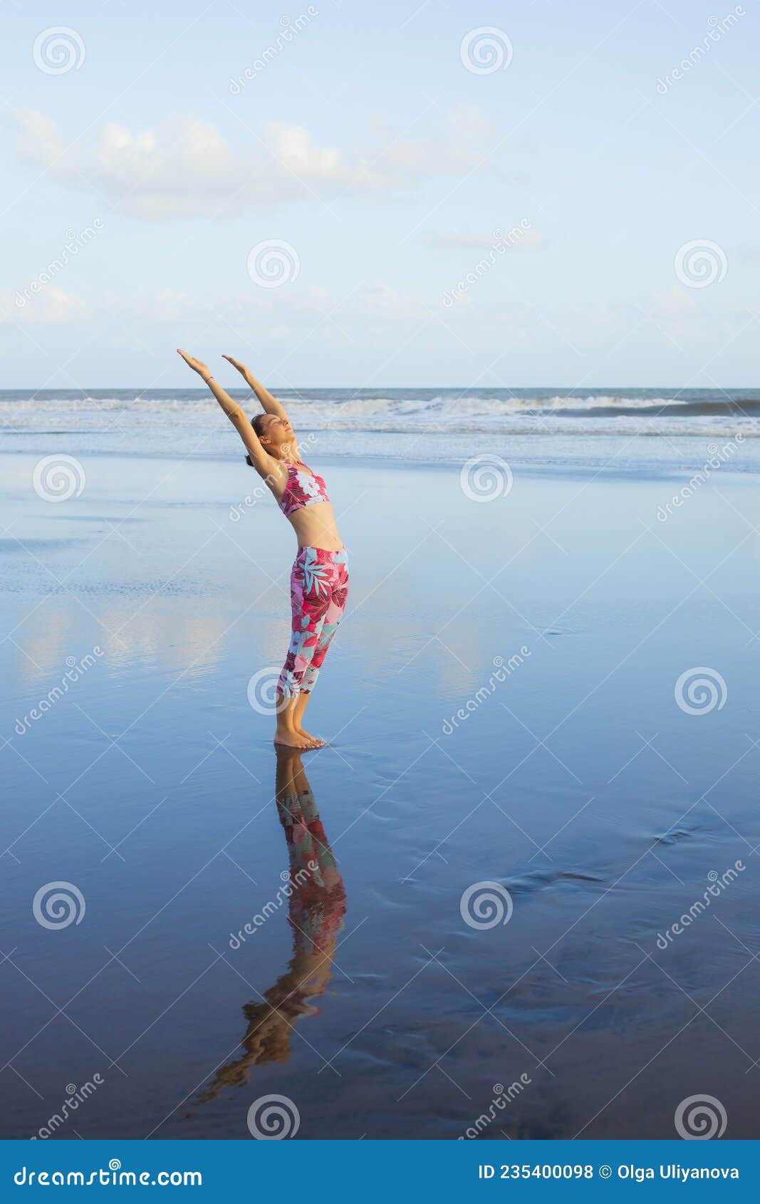 Sun Salutation Practice at the Beach. Slim Woman Standing in Hasta ...