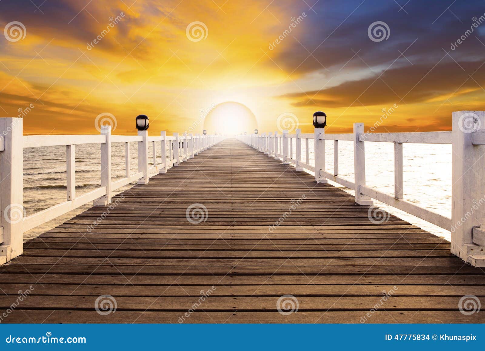 sun set scene and old wood bridge pier with nobody against beaut