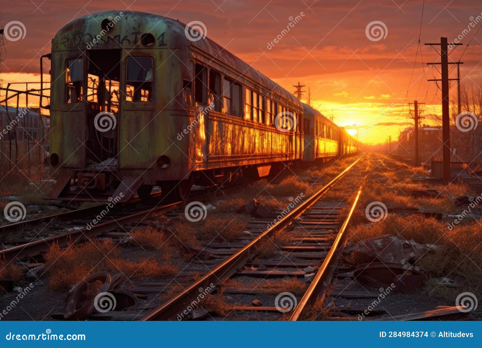 sun setting behind rows of forgotten train cars