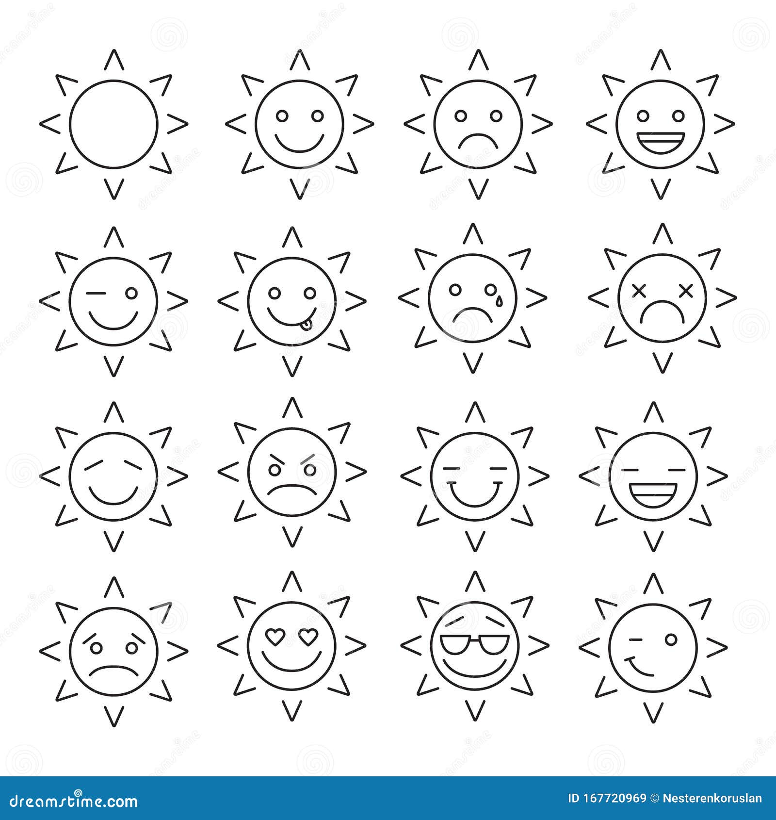 Sun smiles linear icons stock vector. Illustration of emoji - 167720969