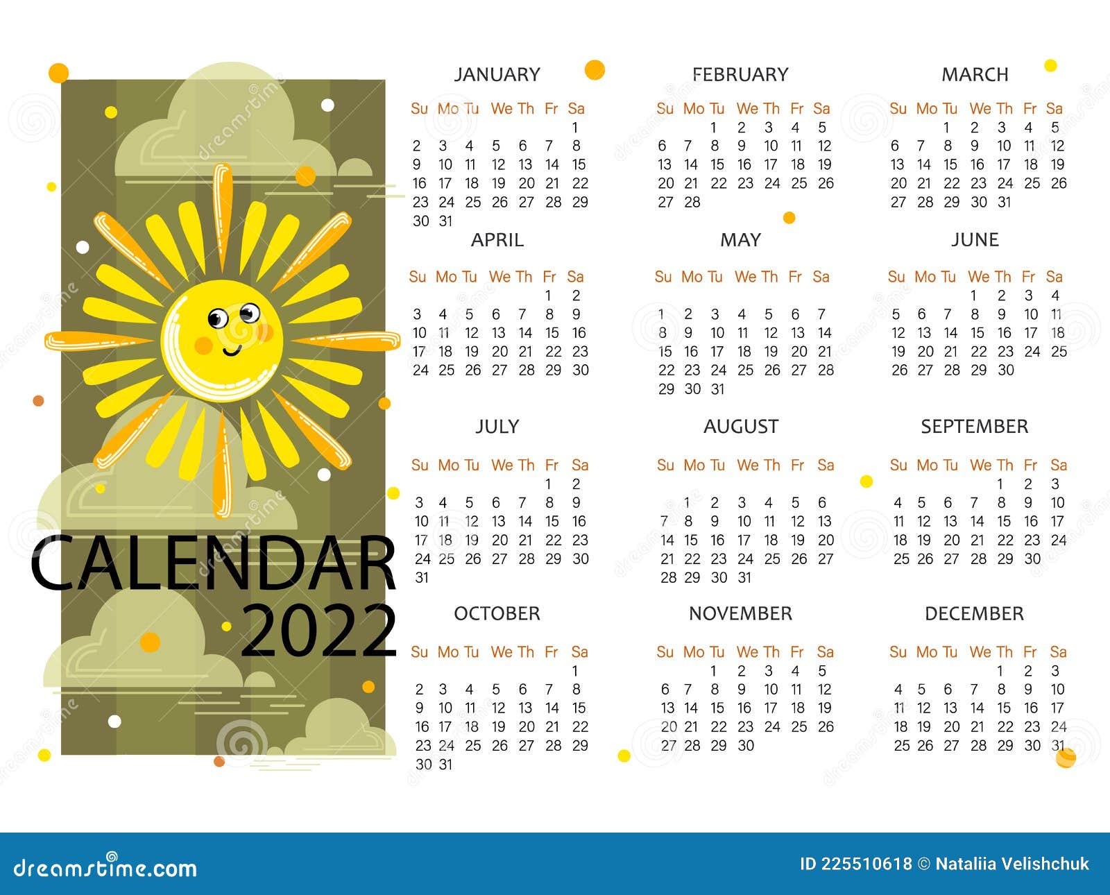 Sun. Solar Calendar 2022. Vector Calendar Template For Planners Notebook, Business Project Stock Vector - Illustration Of Date, Sunday: 225510618