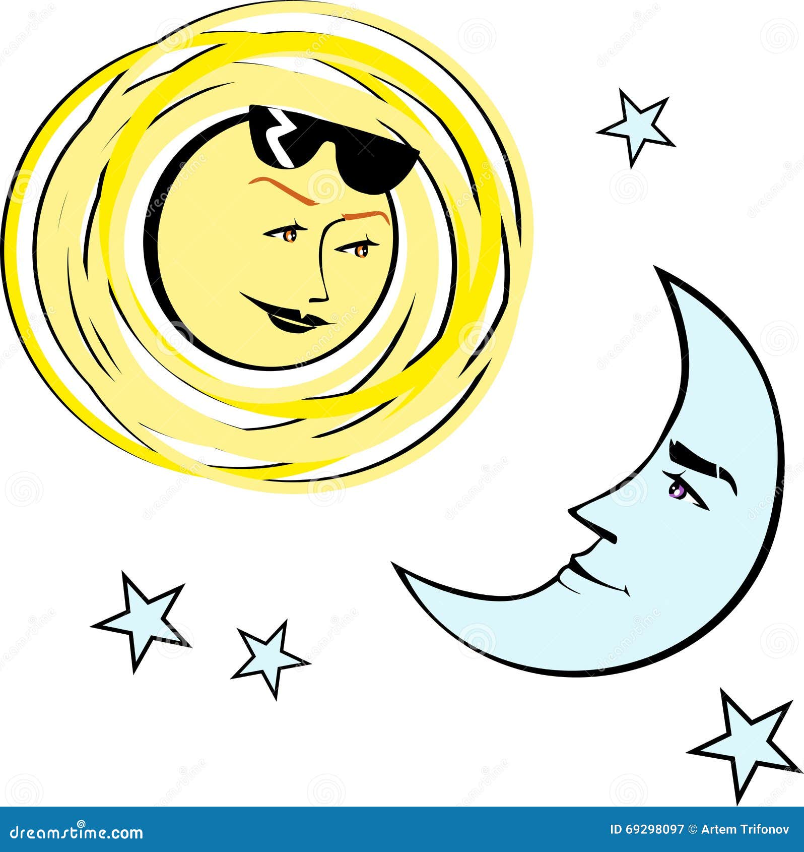 The Sun with Sunglasses and the Moon, Looking Each Other Stock Vector