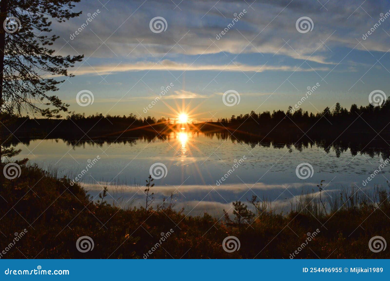 an enchanting, peaceful evening on lapland`s remote wilderness lake.