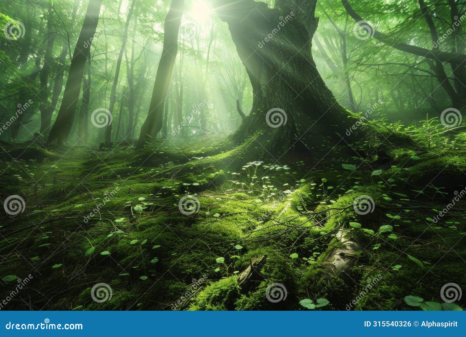 sunbeams casting a mystical glow on the foggy forest, illuminating the lush greenery