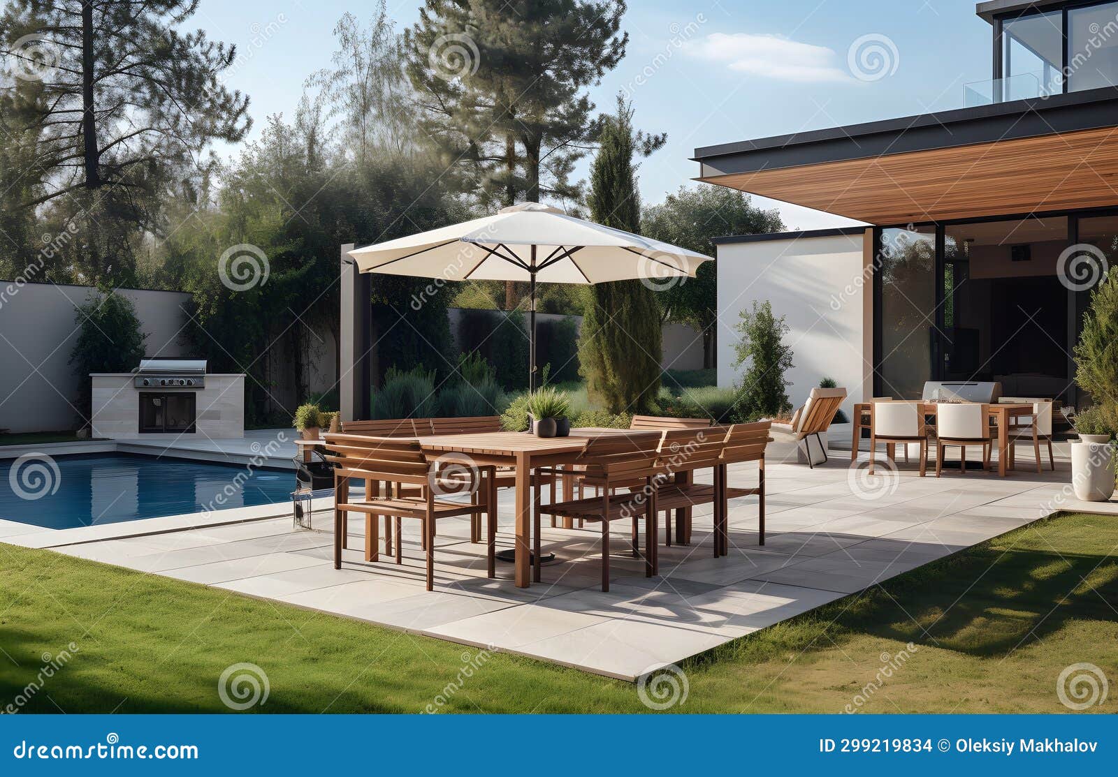 Sunbeds and Dining Zone Near Pool in Backyard of Modern House Stock