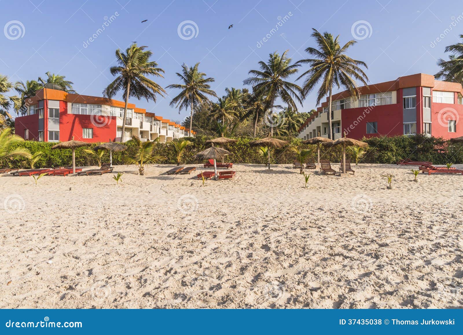 Sunbeds and hotel. Sunbeds on the tropical beach on the Atlantic Ocean. Hotel in Gambia . Africa