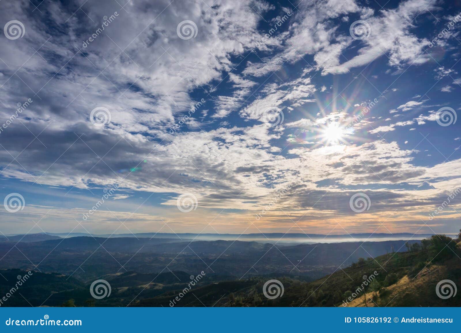 sunburst and cloudscape above the hills and valleys of contra costa county