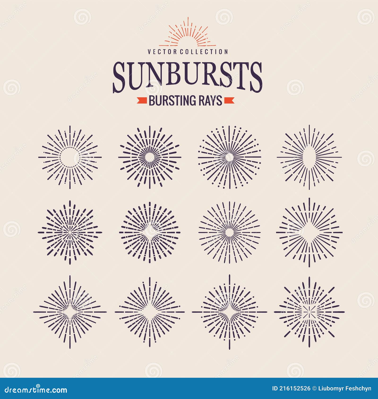 Sunburst Icon Set. Retro Hand Drawn Sparkle. Geometric Sun Beams in