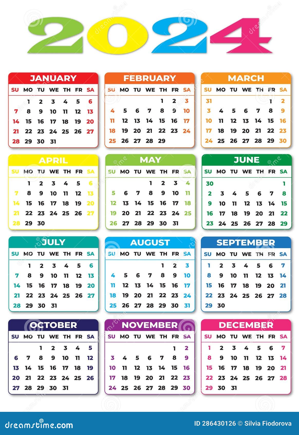 2024 sunday start portrait color calendar