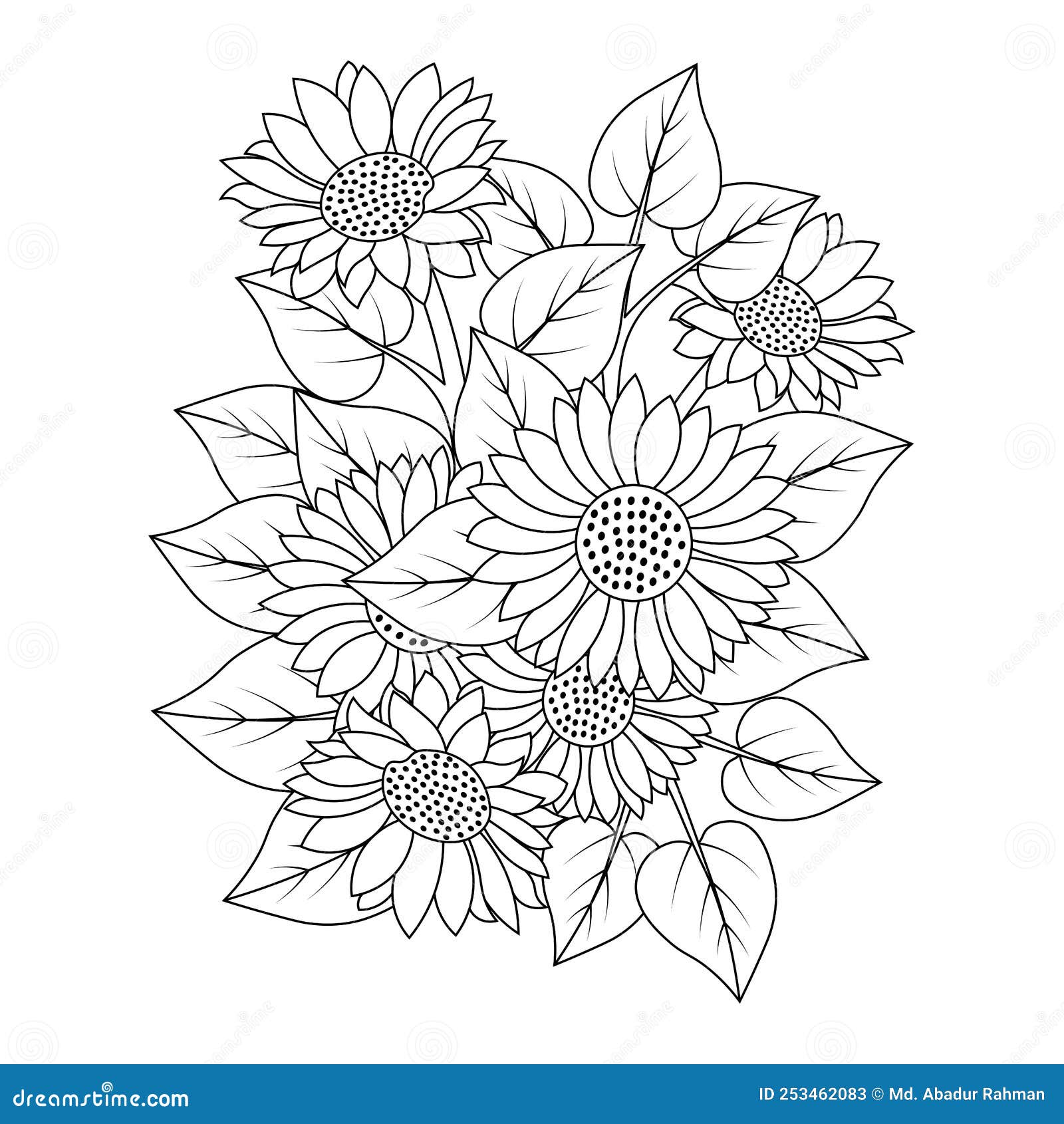 Sunflower Coloring Page Drawing with Leaves Doodle Illustration Vector