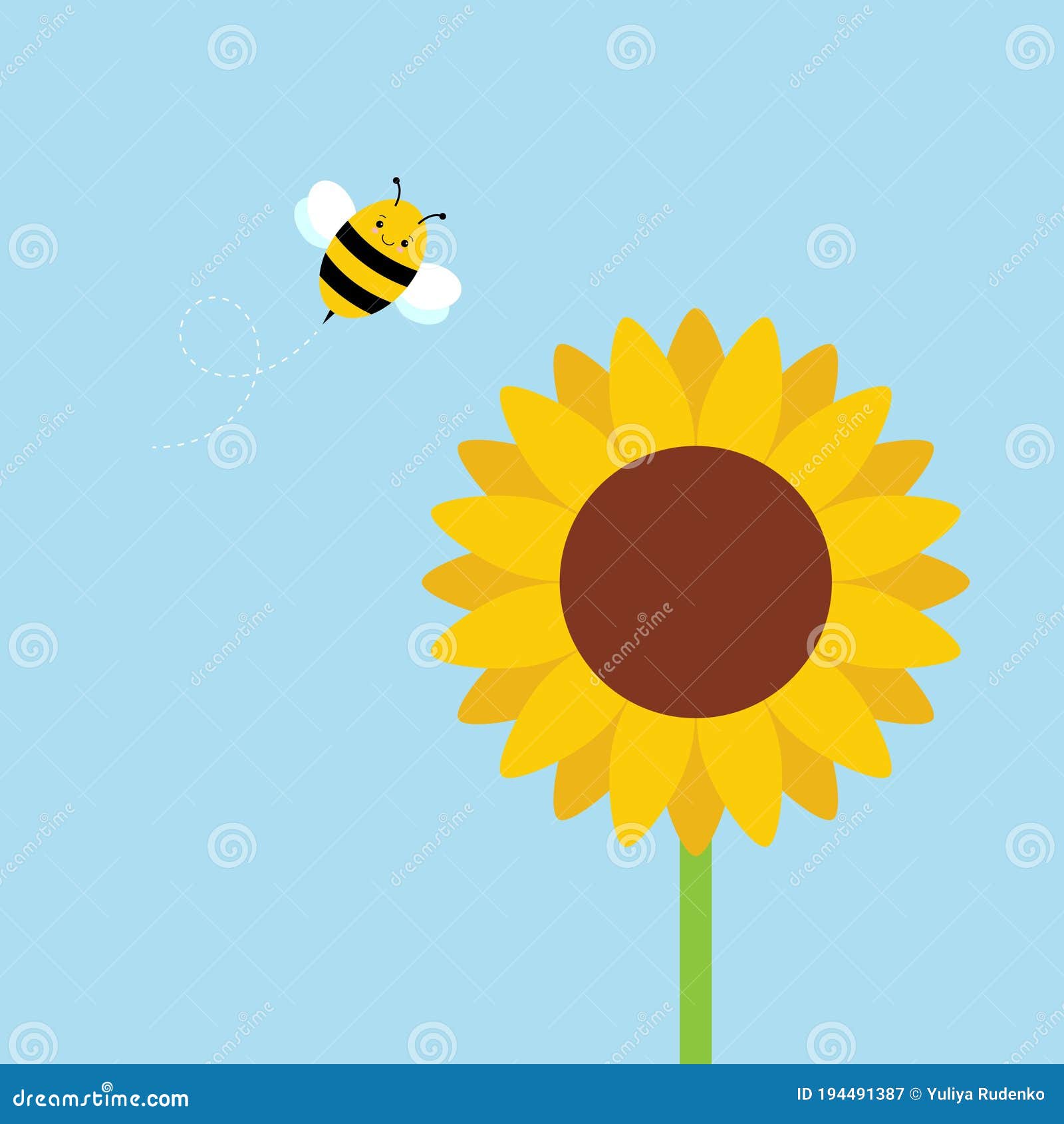 Sunflower with Cute Bee Isolated on Blue Background. Cute Cartoon ...