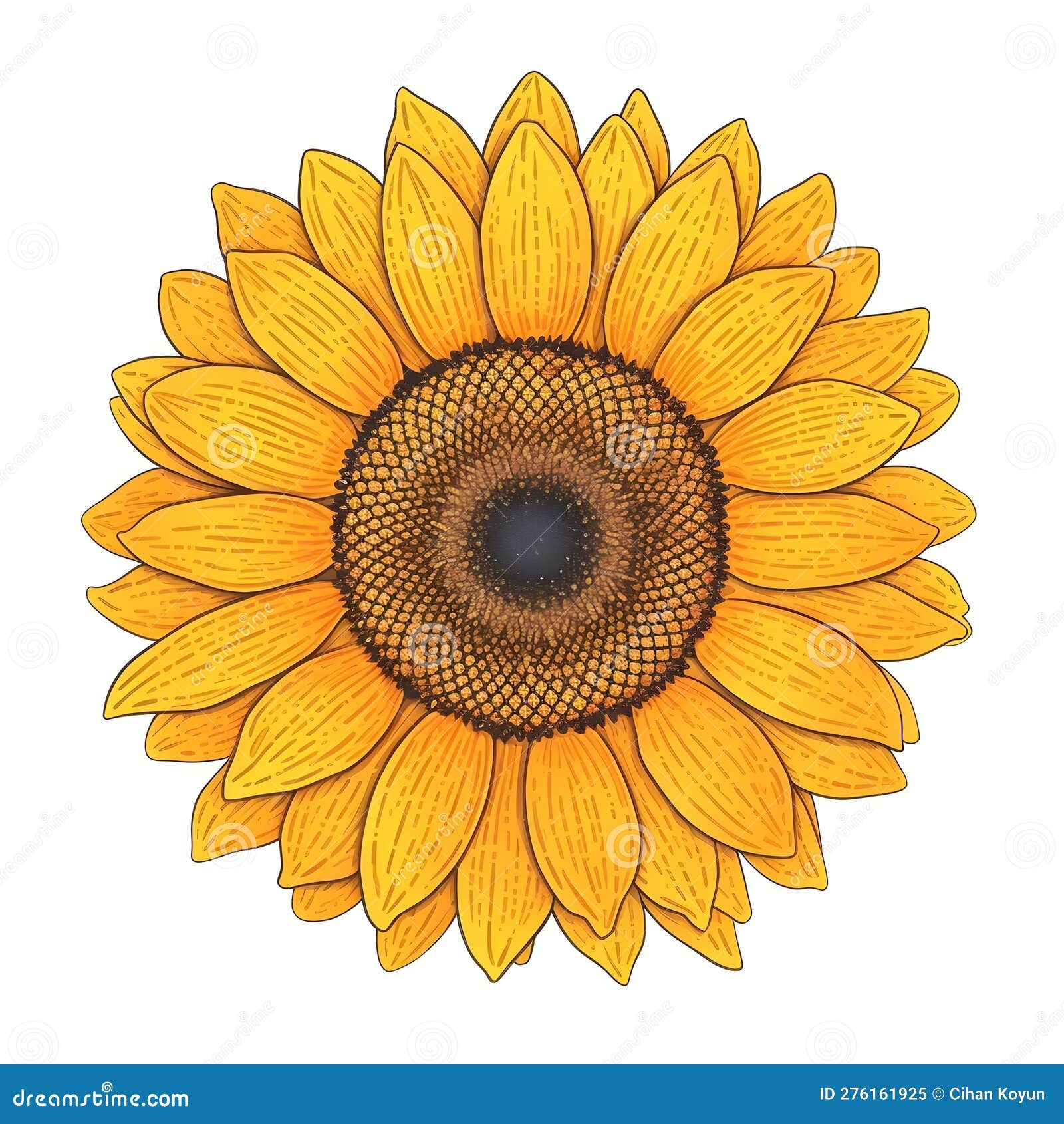 Sunflower Drawing with a Black Outline on a White Background Stock