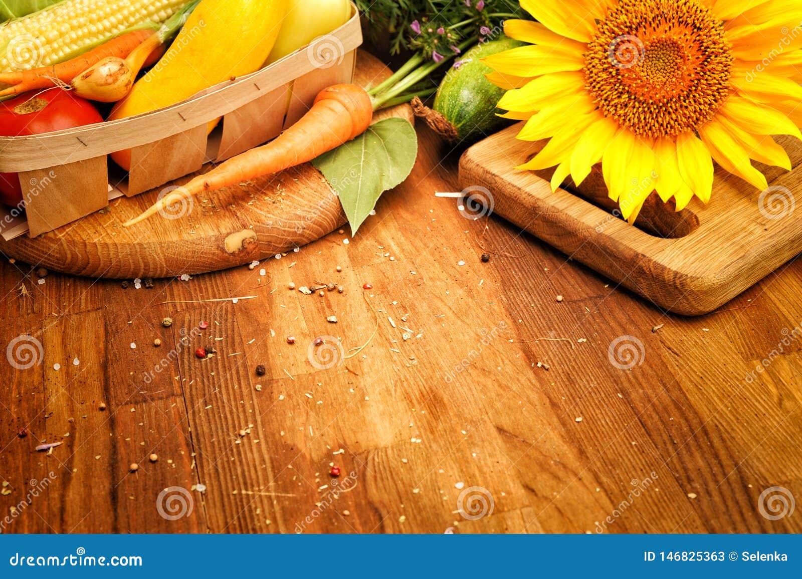 Sunflower and Raw Vegetables on a Wooden Board Stock Image Image of
