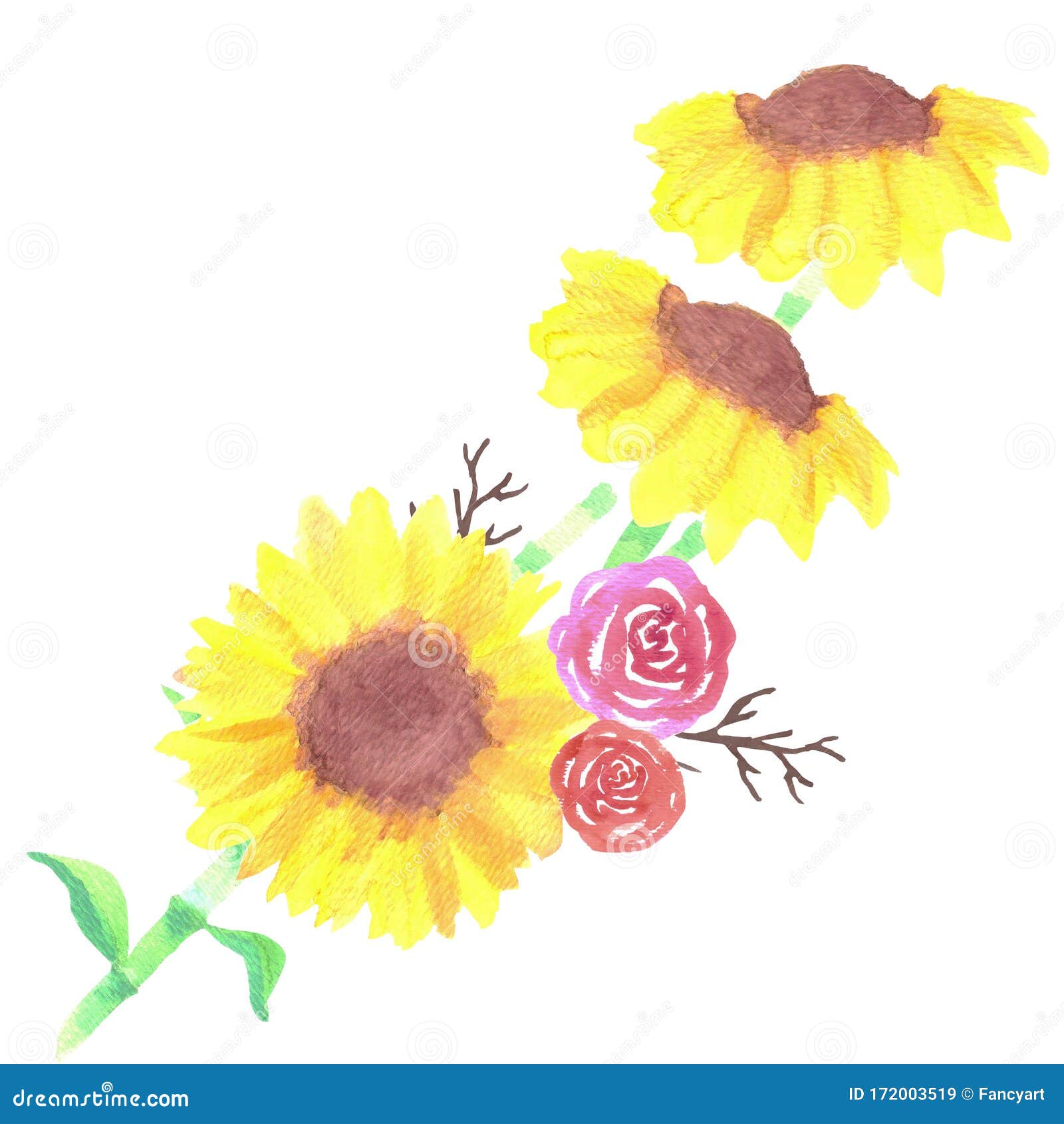 Download Sunflower And Roses Bouquet With Twigs Watercolor Medium ...
