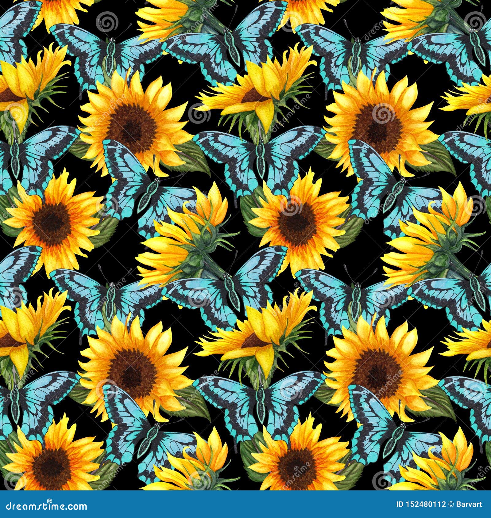 Cute Rustic Sunflower Pattern Blue Background Fabric