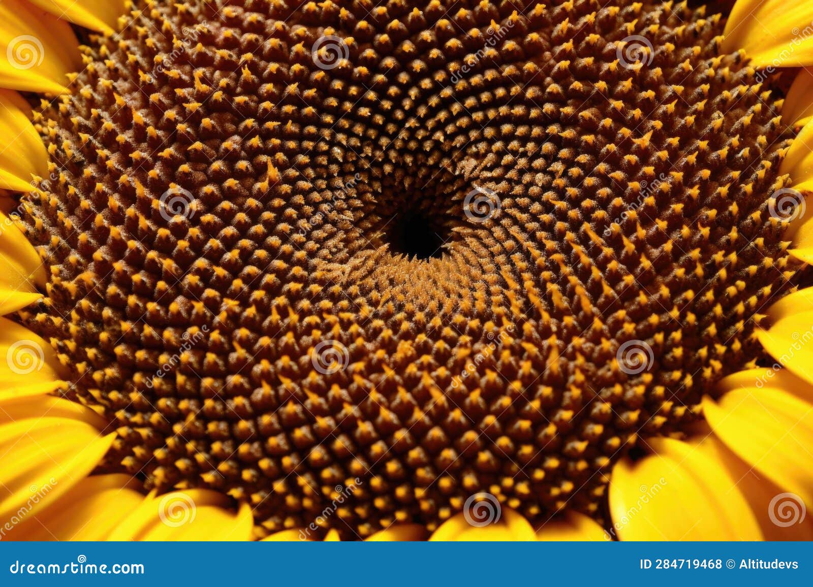 Sunflower Seeds Forming a Mesmerizing Spiral Pattern Stock Photo