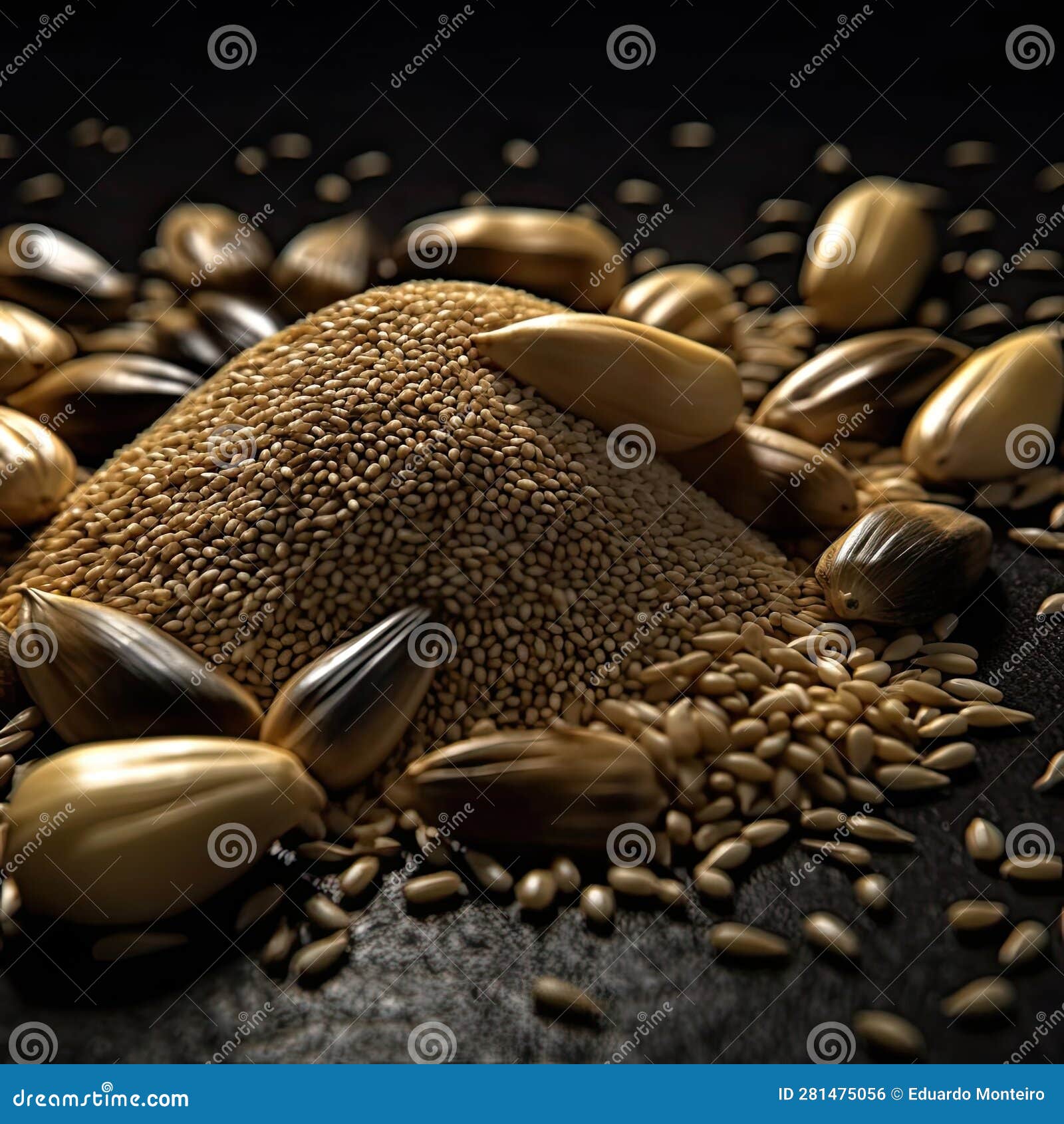 Sunflower Seeds and Sesame Seeds on a Black Stone Background Stock