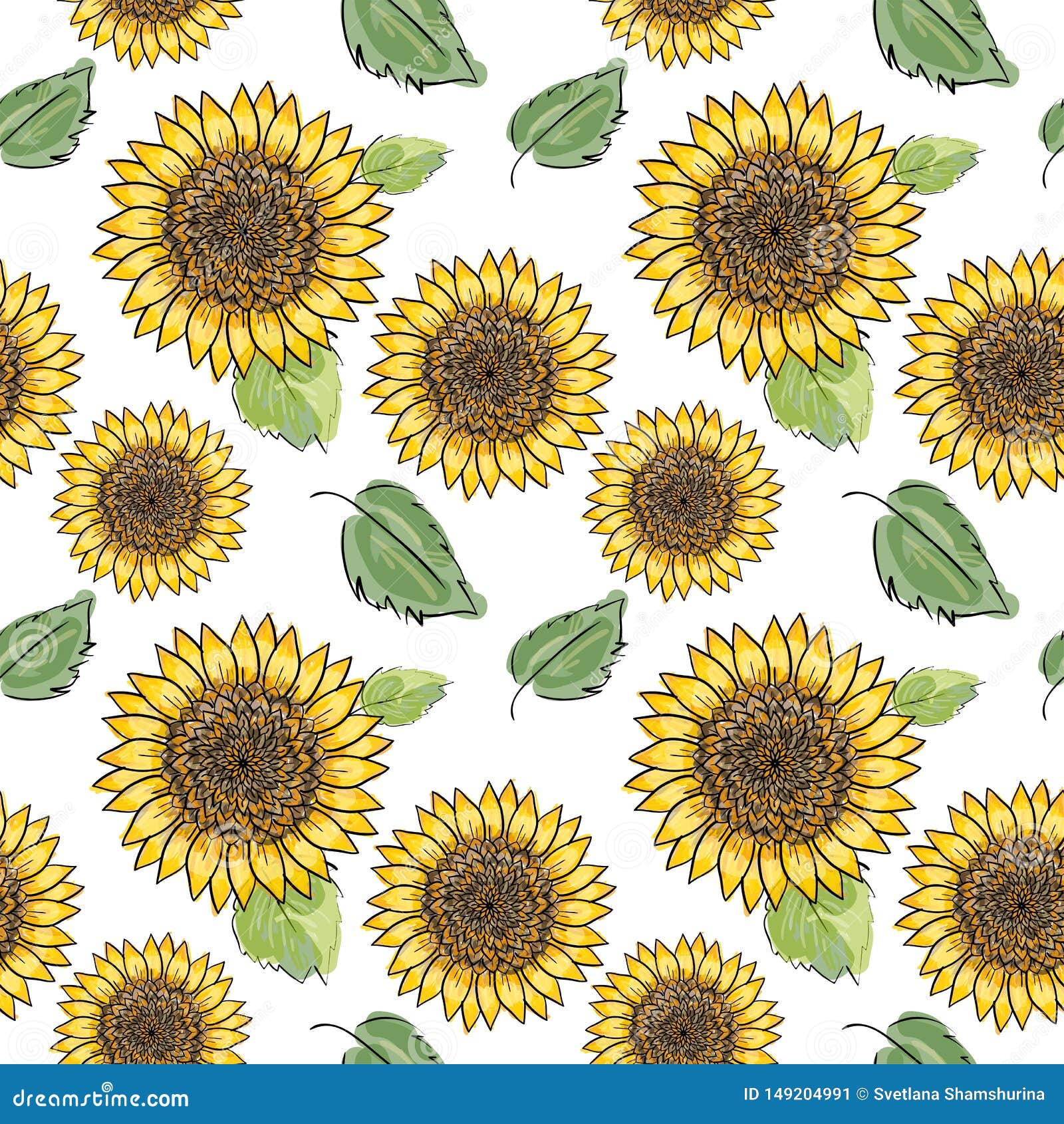 Download Sunflower Vector Seamless Pattern With Green Leaves ...