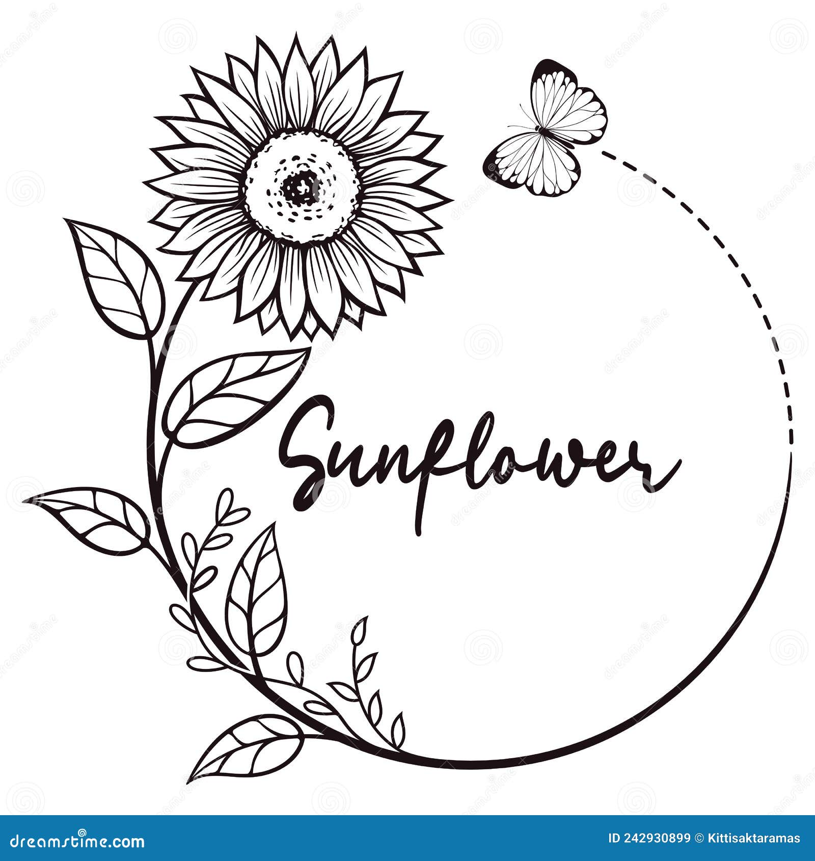 Sunflower Wreath, Round Frame Of Yellow Flowers, Hand Drawn Watercolor