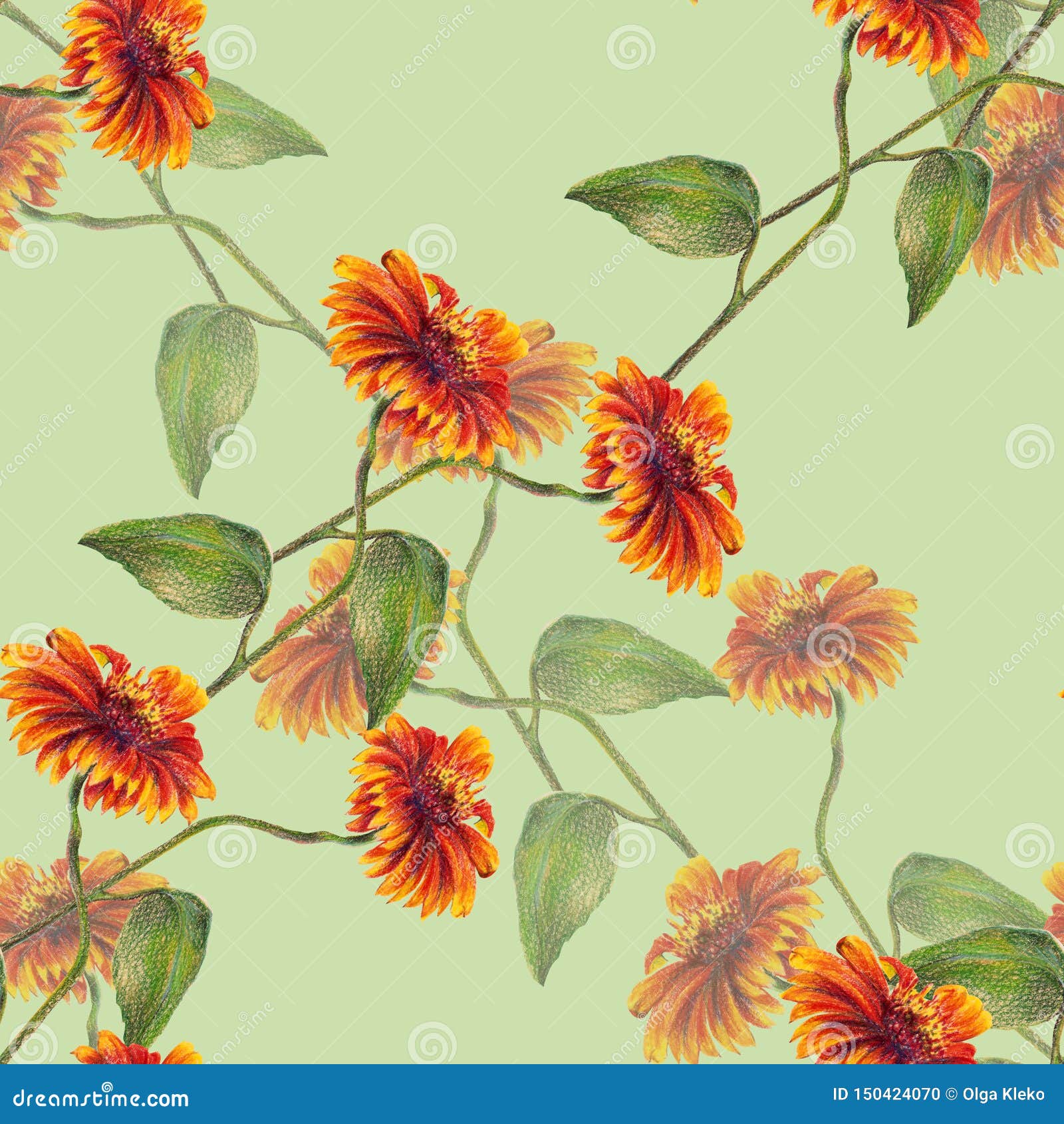 Sunflowers Colored Pencil on Lime Green Background. Floral Seamless