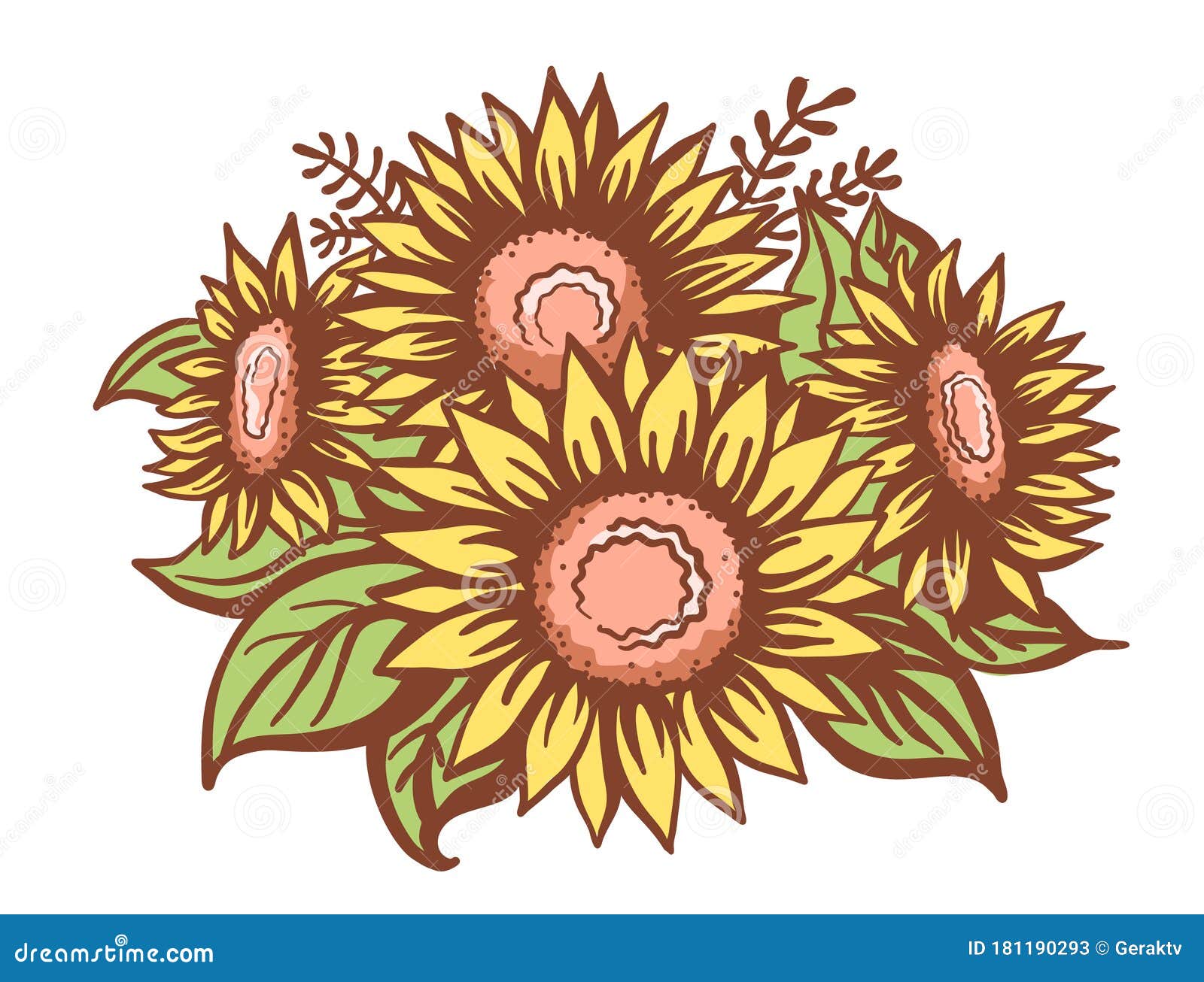 Download Sunflowers. Vintage Sketch Bouquet Sunflowers. Vector Color Printable Floral Isolated On White ...