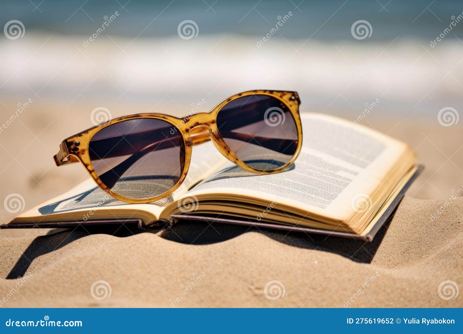 Sunglasses on Book Sand Beach. Generate Ai Stock Illustration