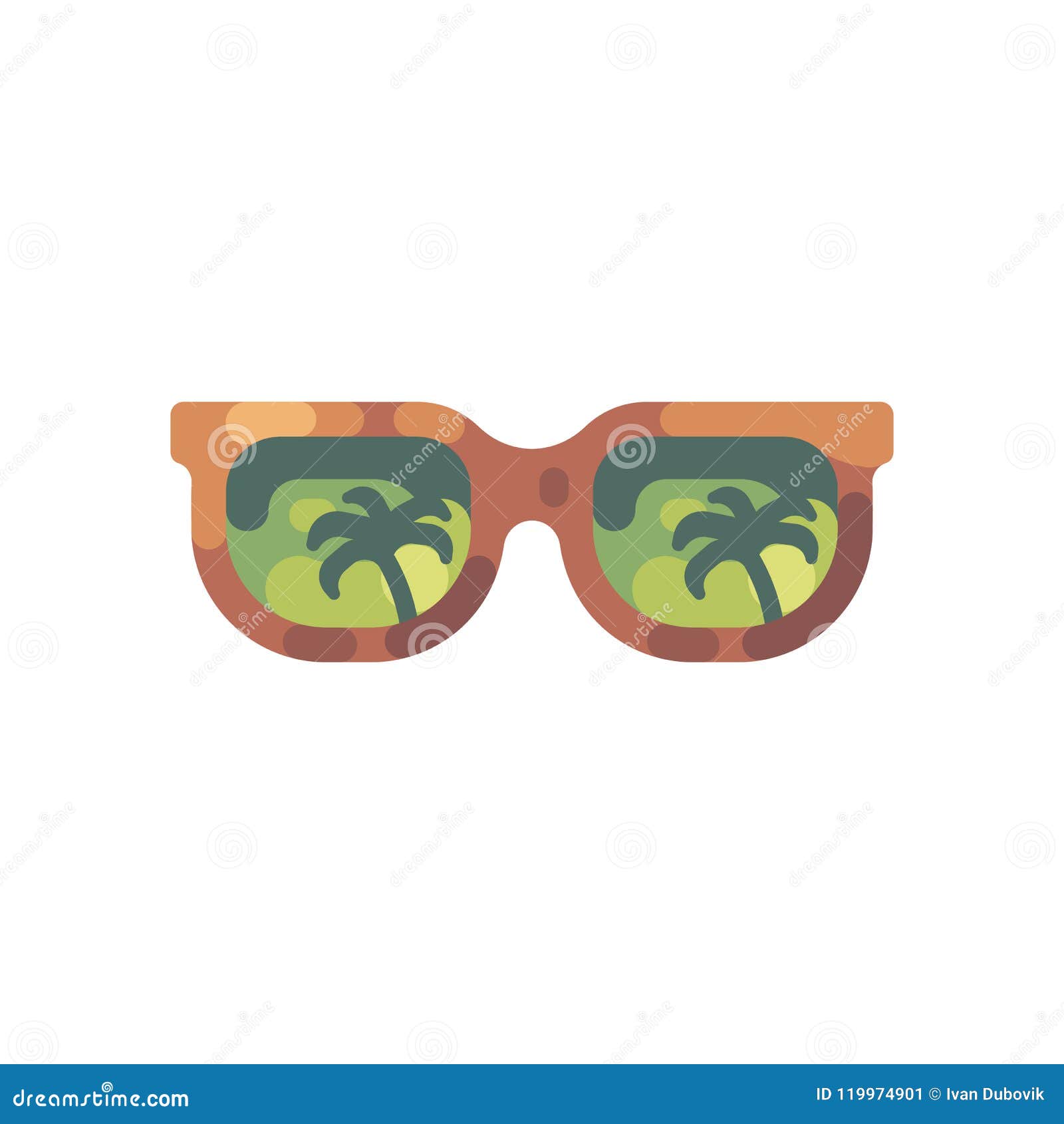 Sunglasses with Palm Trees Reflection. Summer Flat Icon Stock Vector